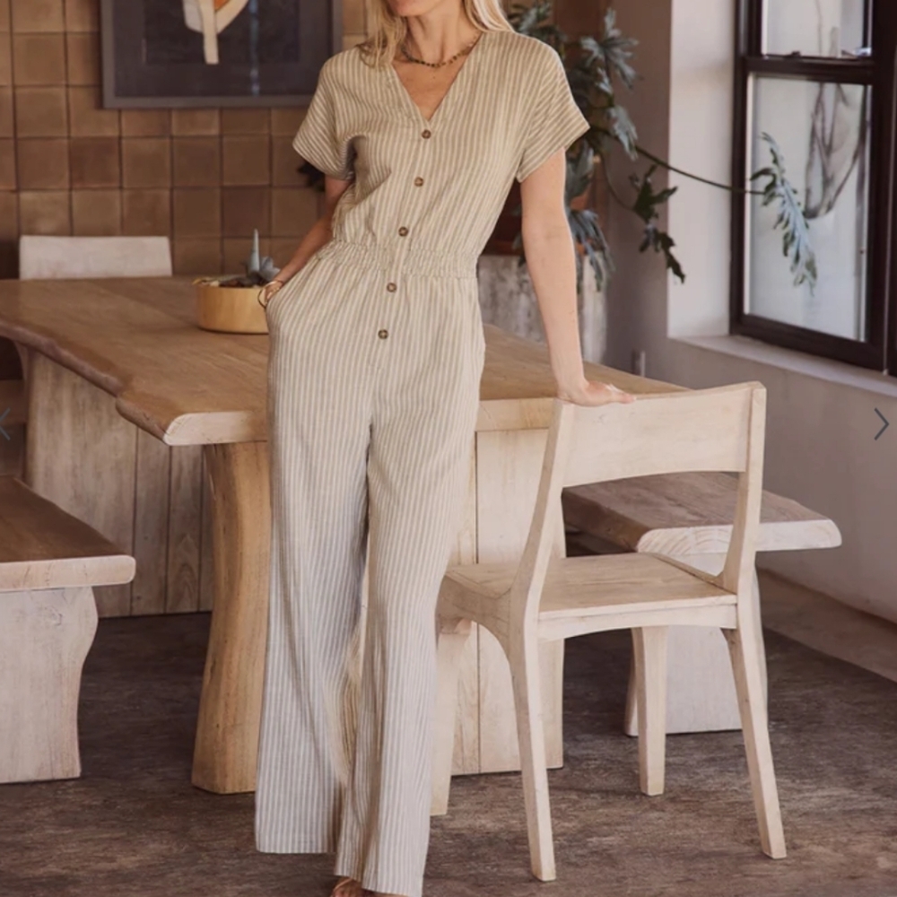 Marine Layers Lia Wide Leg Striped Beach Vacation Jumpsuit In Olive Stripe XL